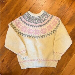 Vintage Handknit Eddie Bauer 100% Wool Fair Isle Sweater Large White Pink 1990
